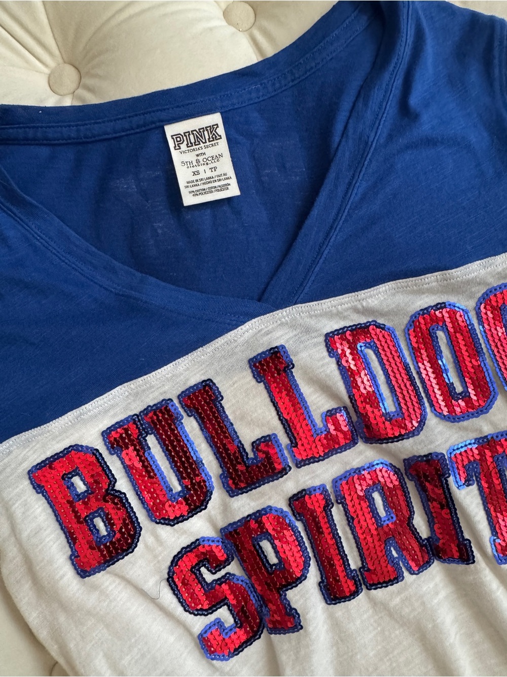 PINK Sequin 'Bulldog Spirit' Blue & White Tee